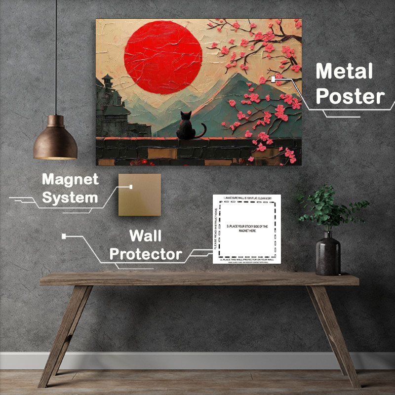 Buy : (Textured painting of the red sun a black cat japan)