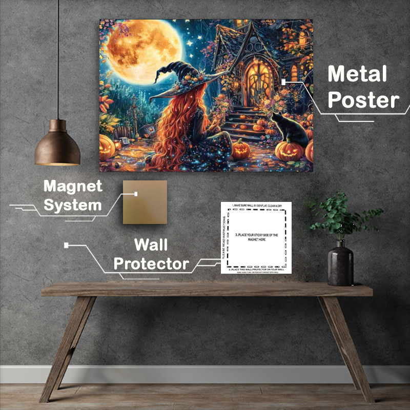 Buy : (Witch with long red hair and a black cat full glowing moon)