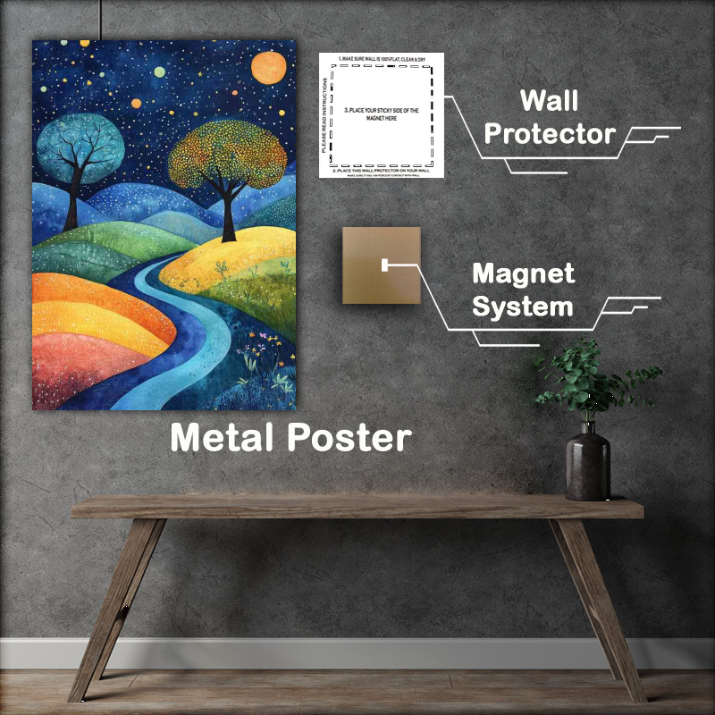 Buy : (Landscape painting with trees and hills at night)
