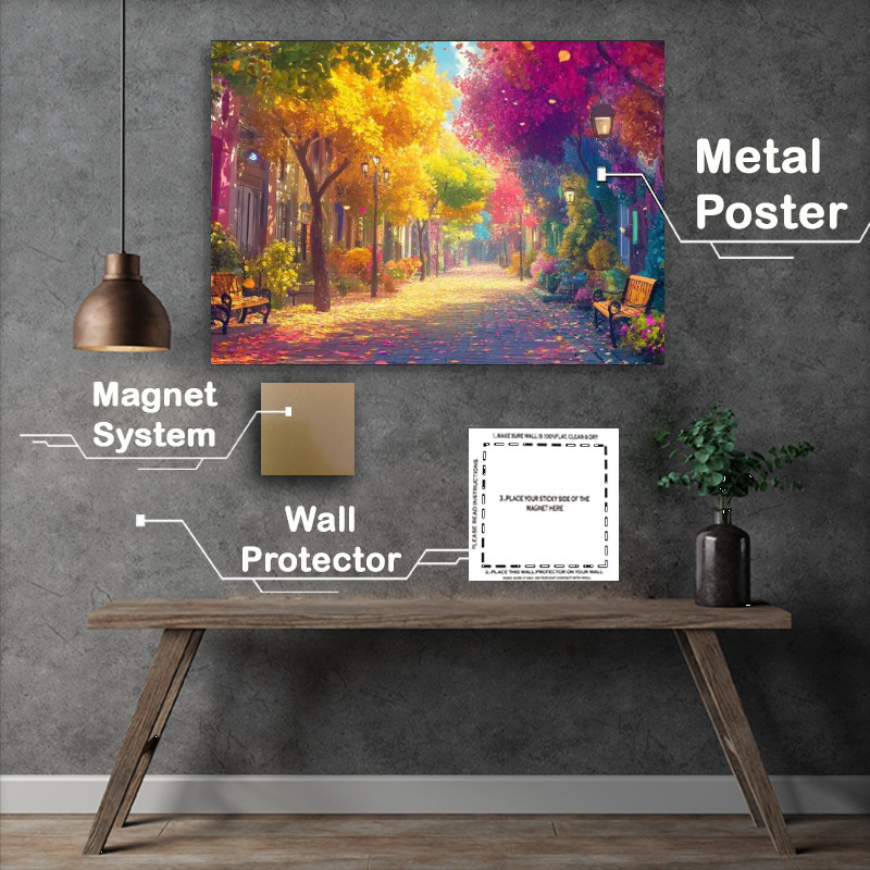 Buy : (Colorful tree lined street with falling leaves at fall)