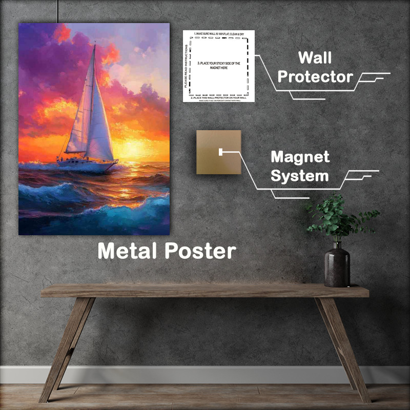 Buy : (Sailing boat in the sea sunset sky oil painting crashing waves)
