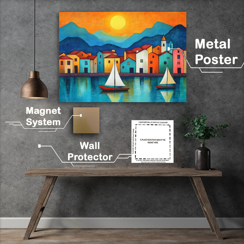 Buy : (Sailboats on the lake a small town in front of the yellow sun)