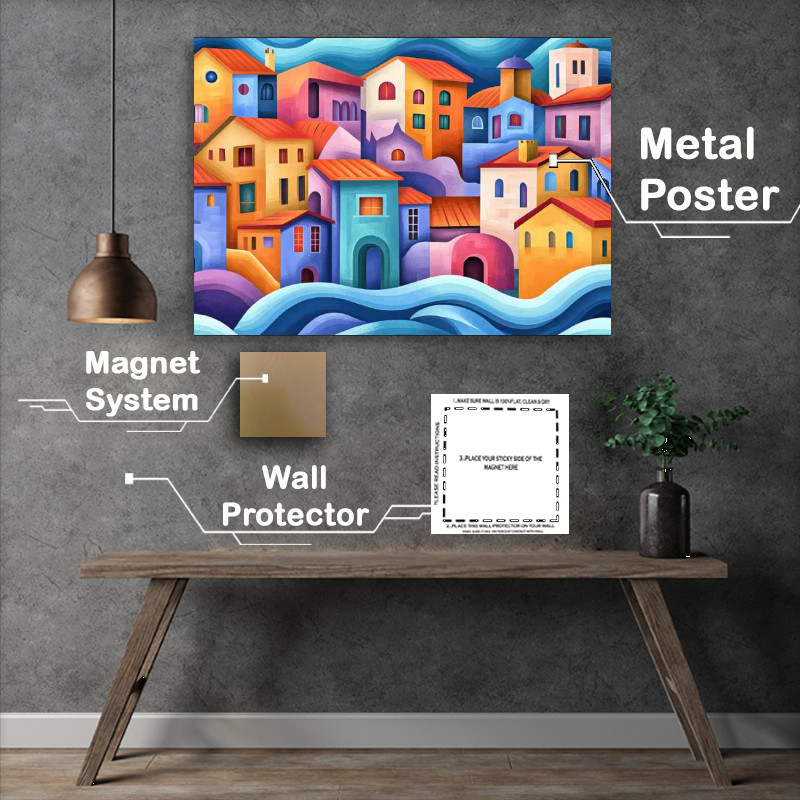 Buy : (Village by the sea with waves and water flow lines bright vivid colours)