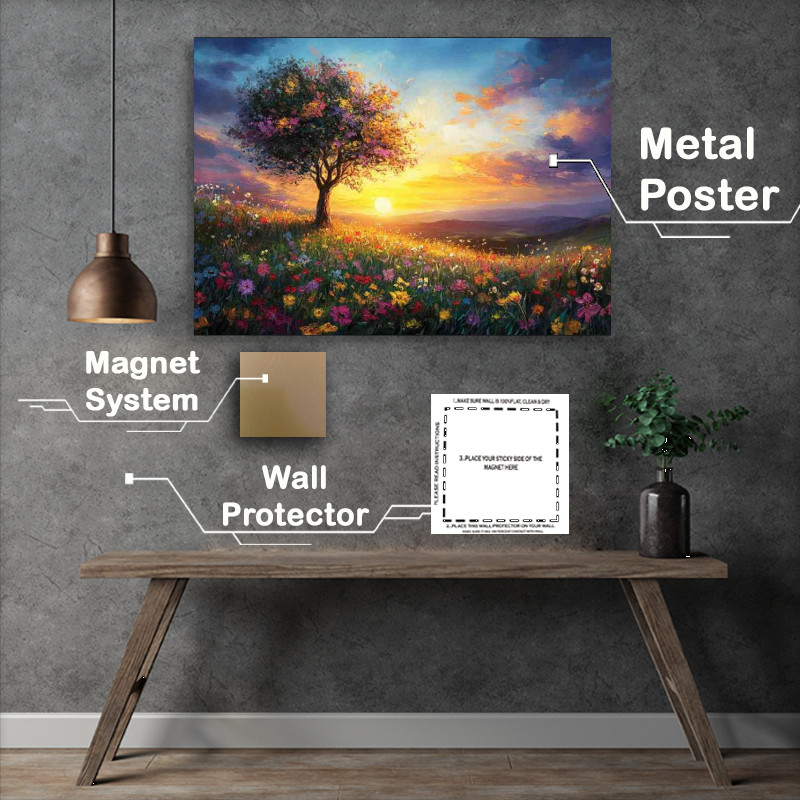 Buy : (Vibrant sunset painting with the sun setting behind the hils)