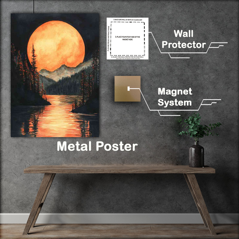 Buy : (Watercolor painting of the full moon rising over mountains)