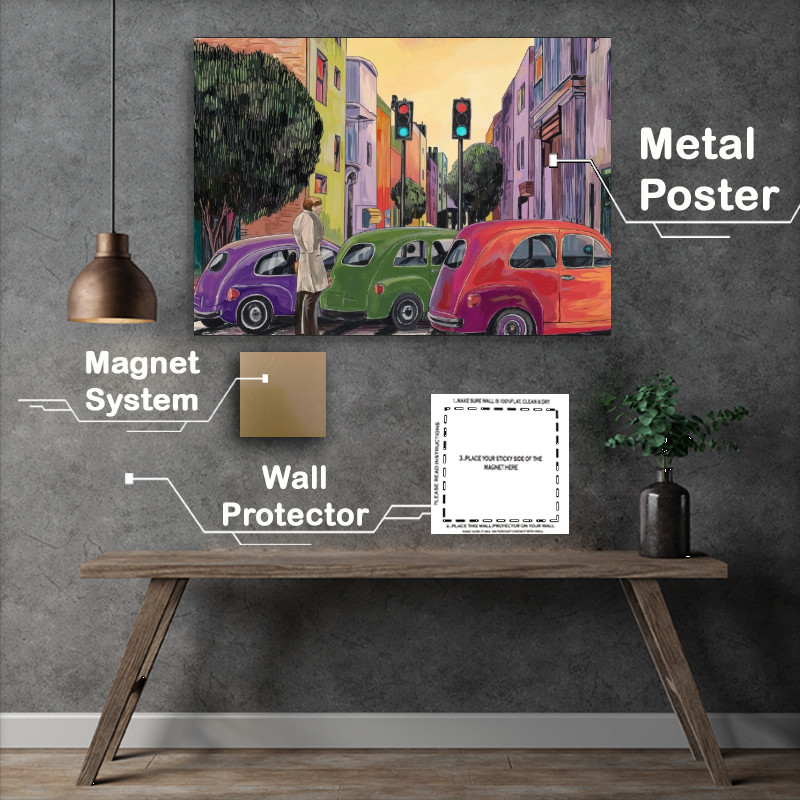 Buy : (Vibrant city street three parked cars)