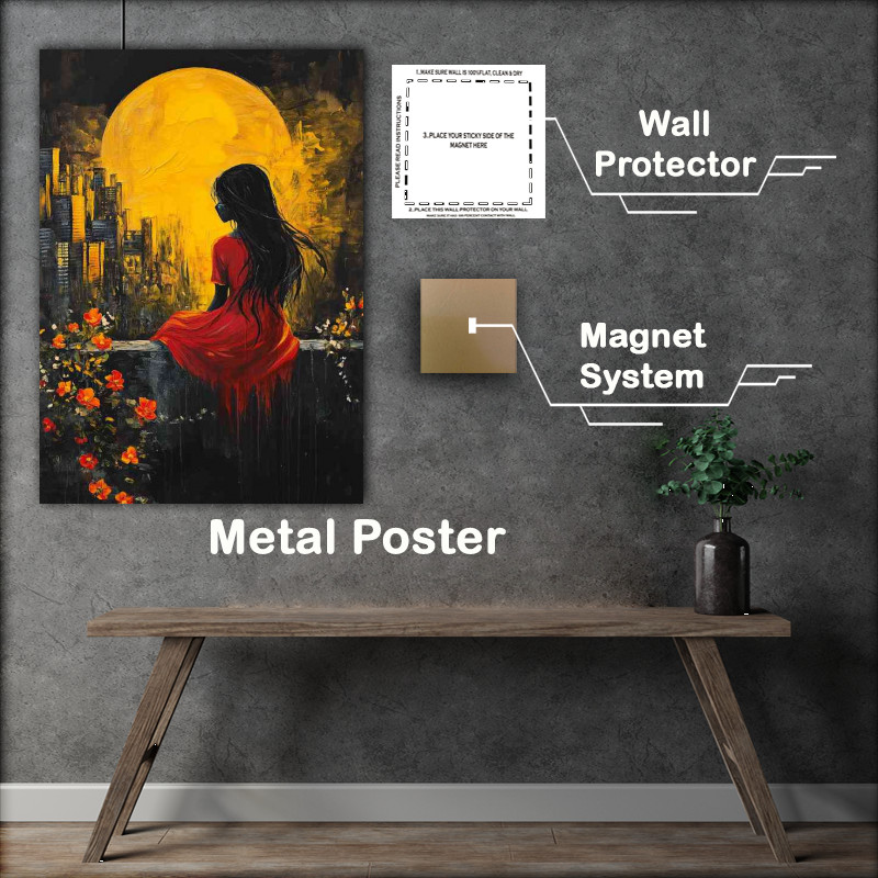 Buy : (Girl in a red dress sitting on a wall a painting yellow moon)
