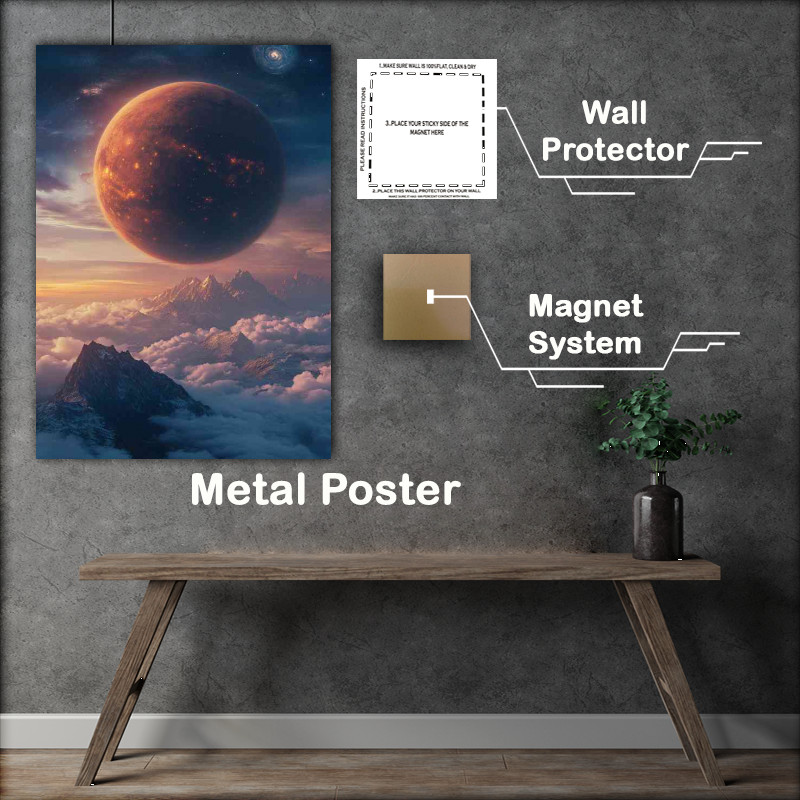 Buy : (Giant planet rising above the clouds a mountain range)
