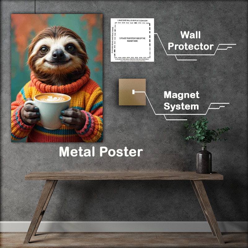Buy : (Sloth wearing a striped sweater having a nice cup of latte coffee)