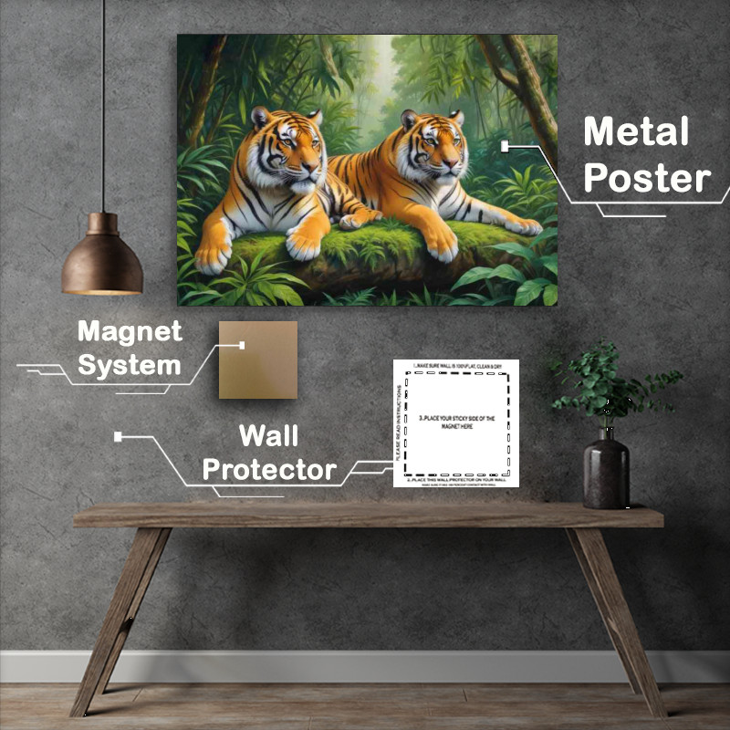 Buy : (Two adult tigers resting in a green jungle environment)