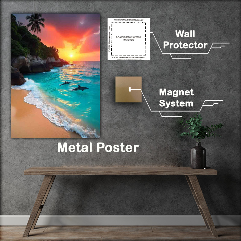 Buy : (Tropical beach with turquoise waters rocky cliff and dolphins)