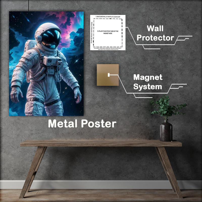 Buy : (Male astronaut in a white spacesuit floating in space cosmic clouds)