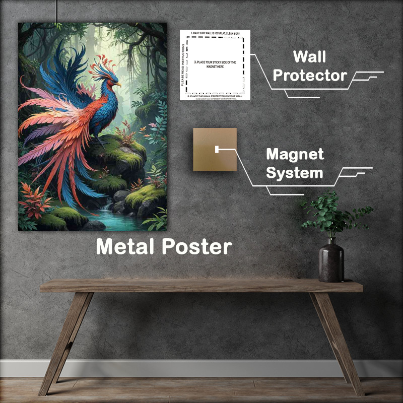 Buy : (Fantastical phoenix bird perched on a mossy rock)