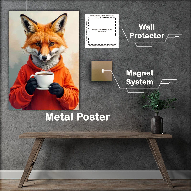 Buy : (Red fox having a cup of latte coffe with a abstract background)