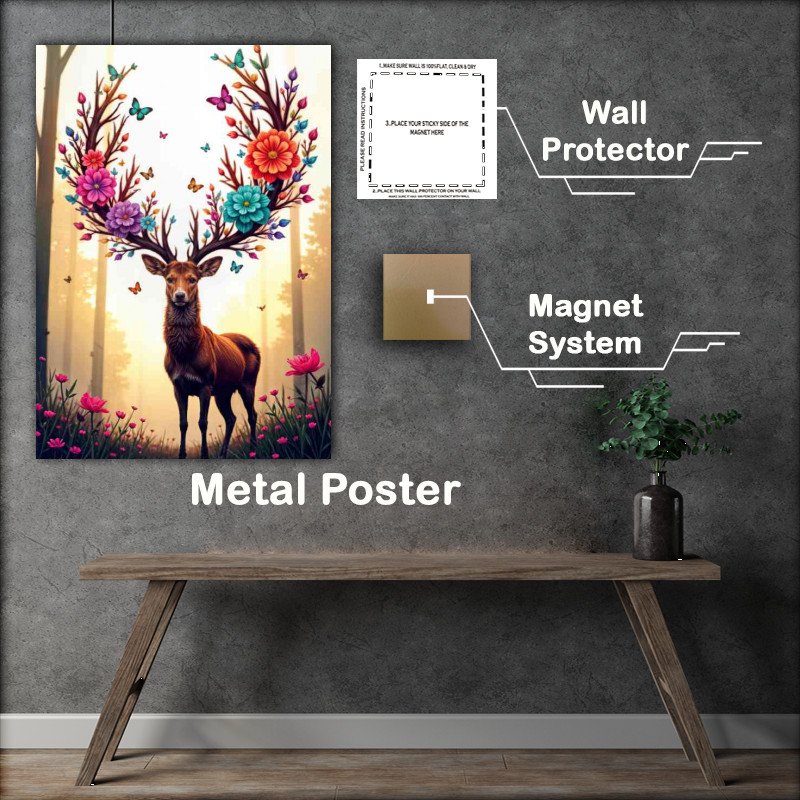 Buy : (Stag with butterflies in its antlers in forest)
