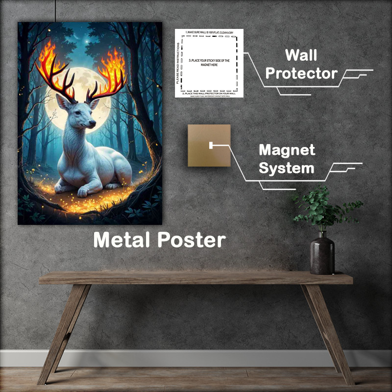Buy : (White deer with glowing fire antlers sitting in a magical forest)