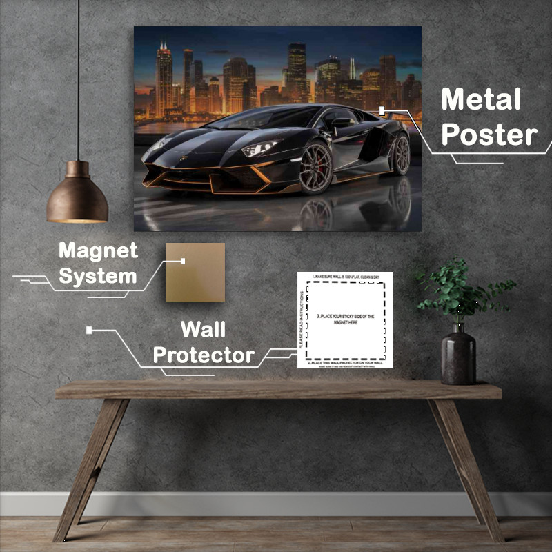 Buy : (Black sports car parked on a reflective surface)
