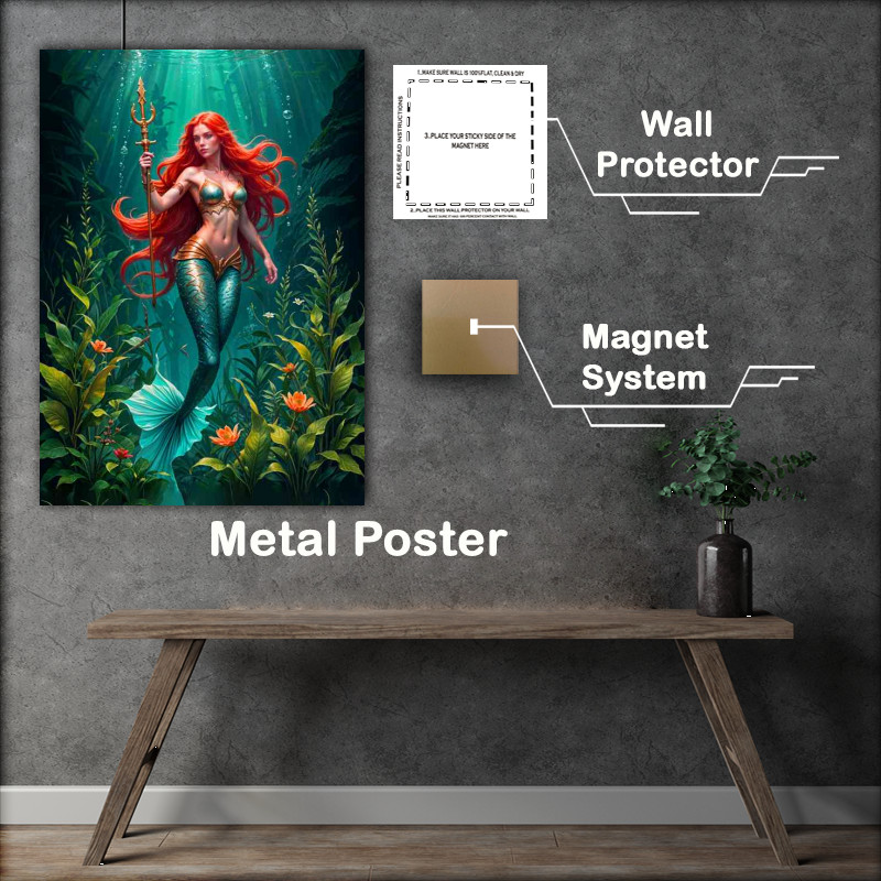 Buy : (Beautiful mermaid warrior with long flowing red hair and a golden blue tail)