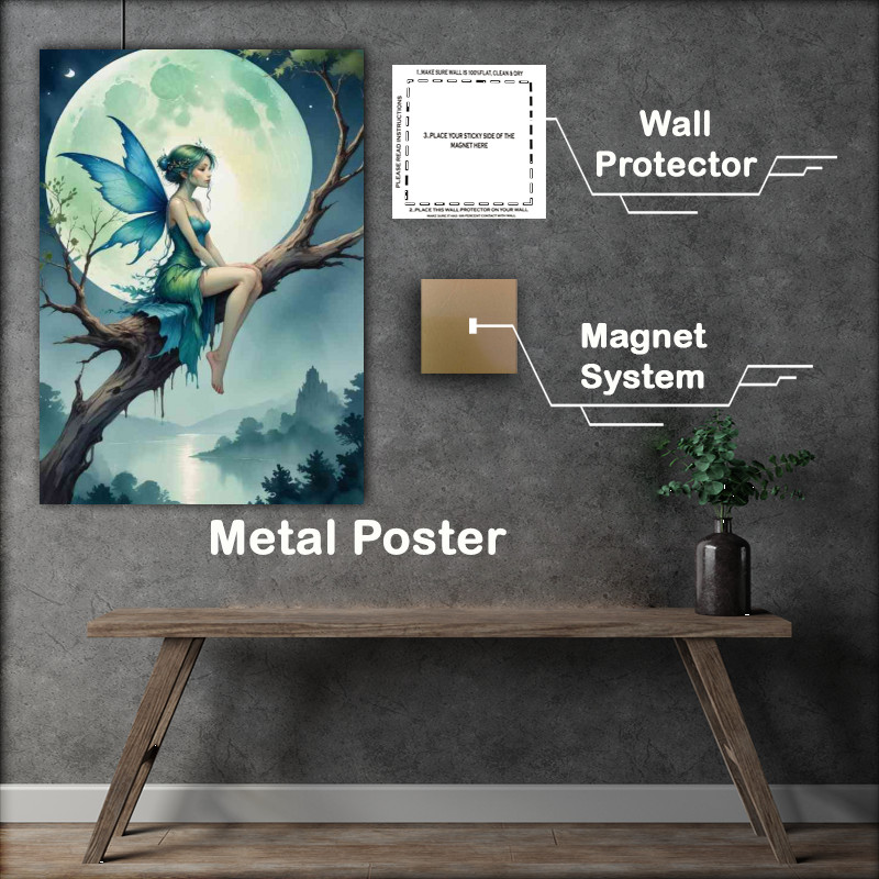 Buy : (Fairy with blue and green wings sitting on a tree branch)
