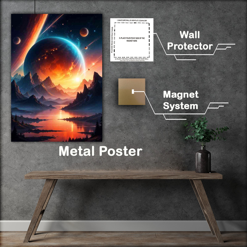 Buy : (Large glowing planet in the sky with lakes and mountains)