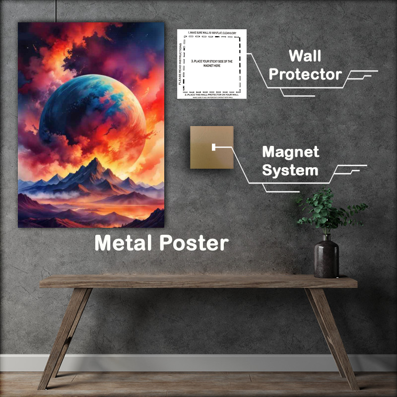 Buy Metal Poster : (Large glowing planet with majestic mountains)