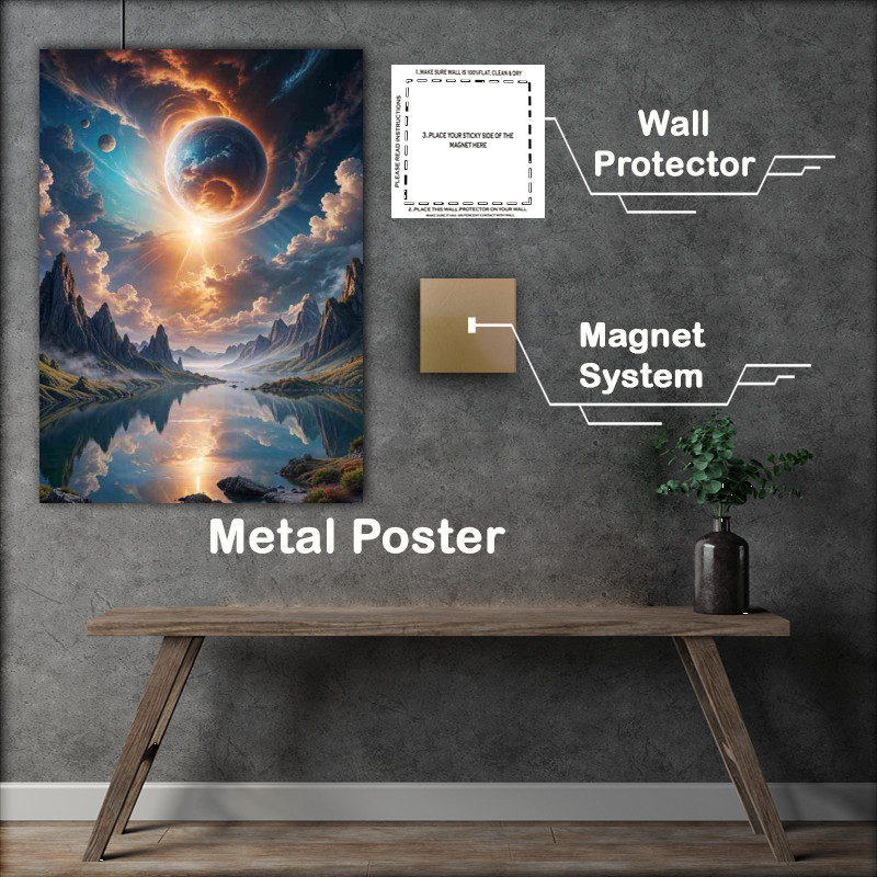 Buy : (fantasy landscape with a large, glowing planet or celestial body in the sky)
