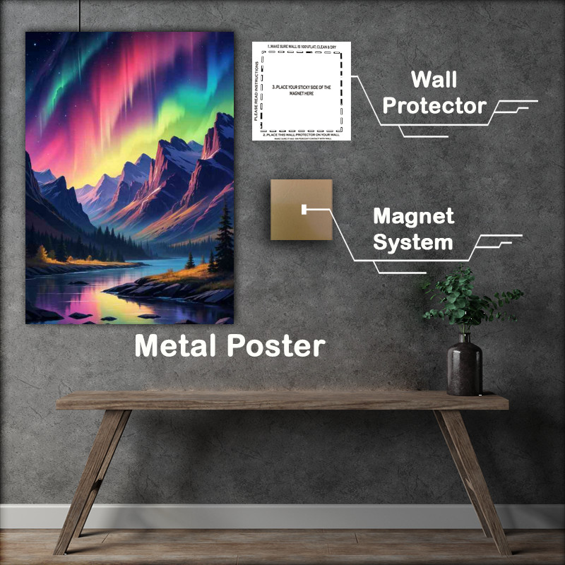 Buy : (Night sky over a mountainous landscape aurora borealis)