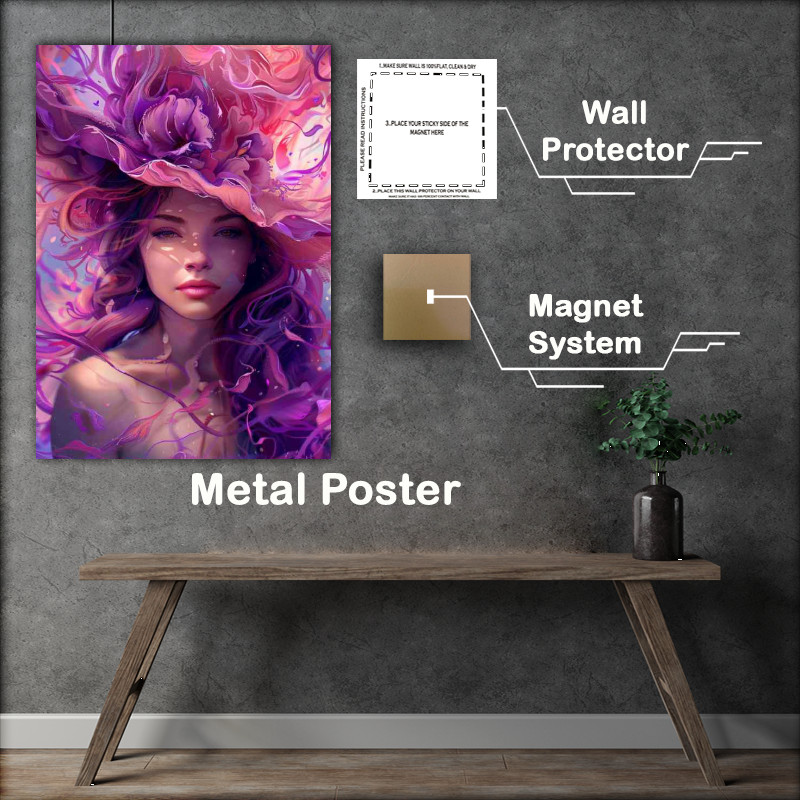 Buy Metal Poster : (Beautiful flowing hair made of petals and purple hat)