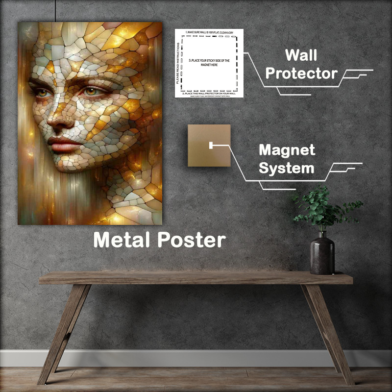 Buy Metal Poster : (Entire face of a woman fragmented like a mosaic with golden veins)