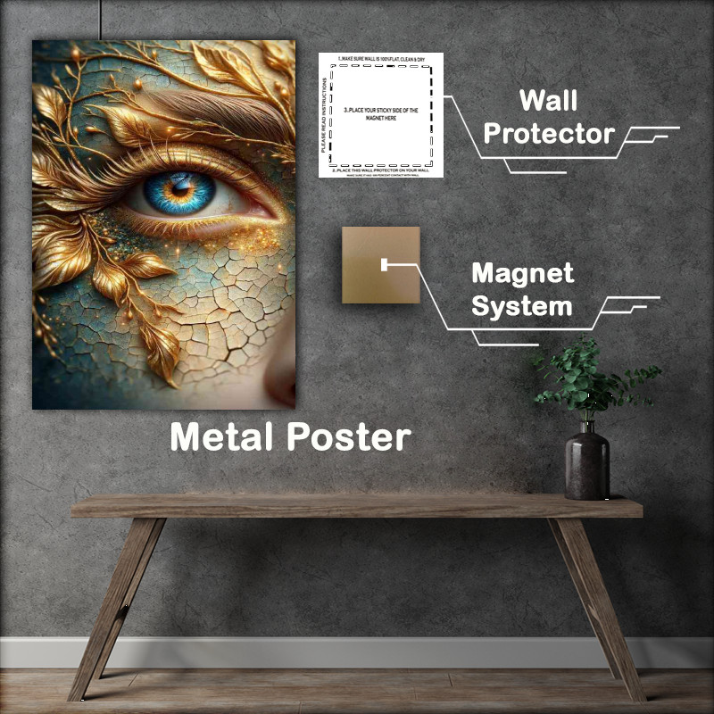Buy Metal Poster : (Womans Eye detailed with golden leaves and sparkling highlights)
