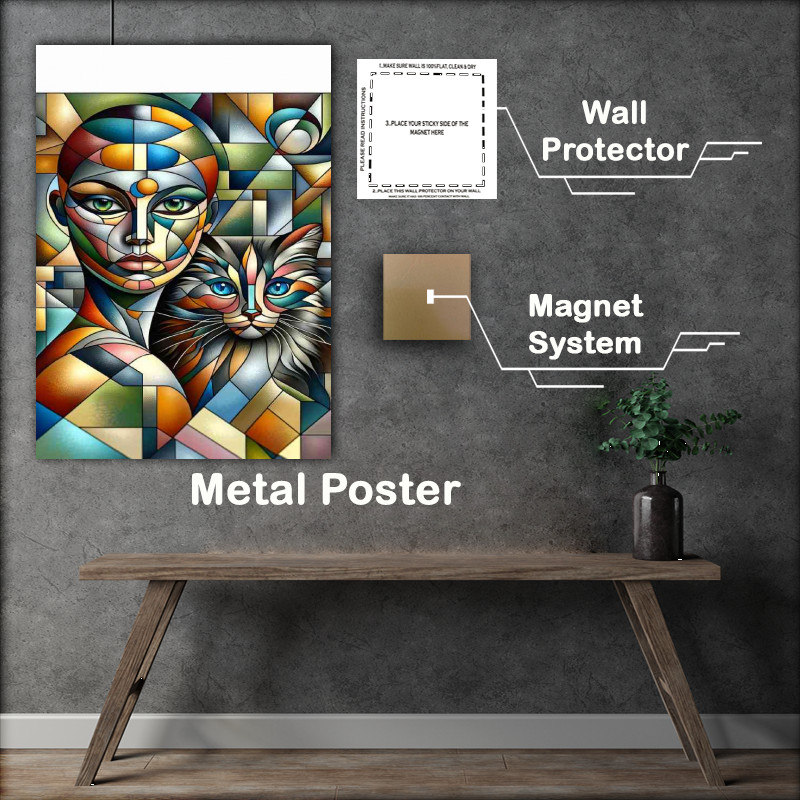 Buy Metal Poster : (Deconstructing the forms of a woman and a cat into geometric shapes)
