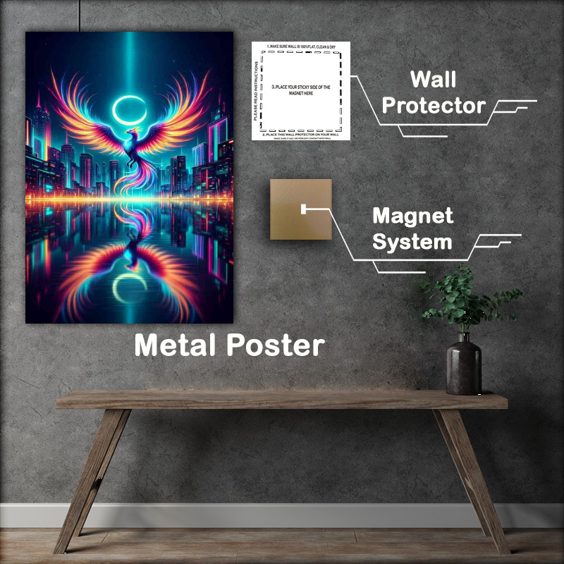Buy Metal Poster : (Neon Phoenix its wings spread wide as it flies over a futuristic city)