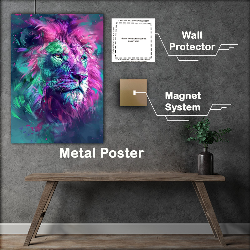 Buy Metal Poster : (Colorful lion in purple and green with white fur)