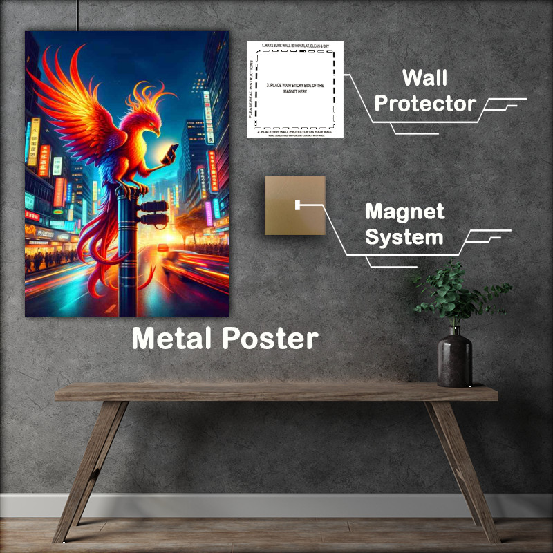 Buy Metal Poster : (Phoenix brilliantly colored using a smartphone while perched on a busy city)