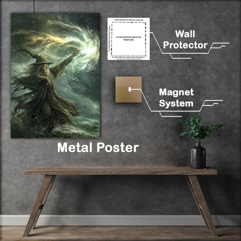 Buy Metal Poster : (Wizard casting the spell of a wind tornado in the sea)