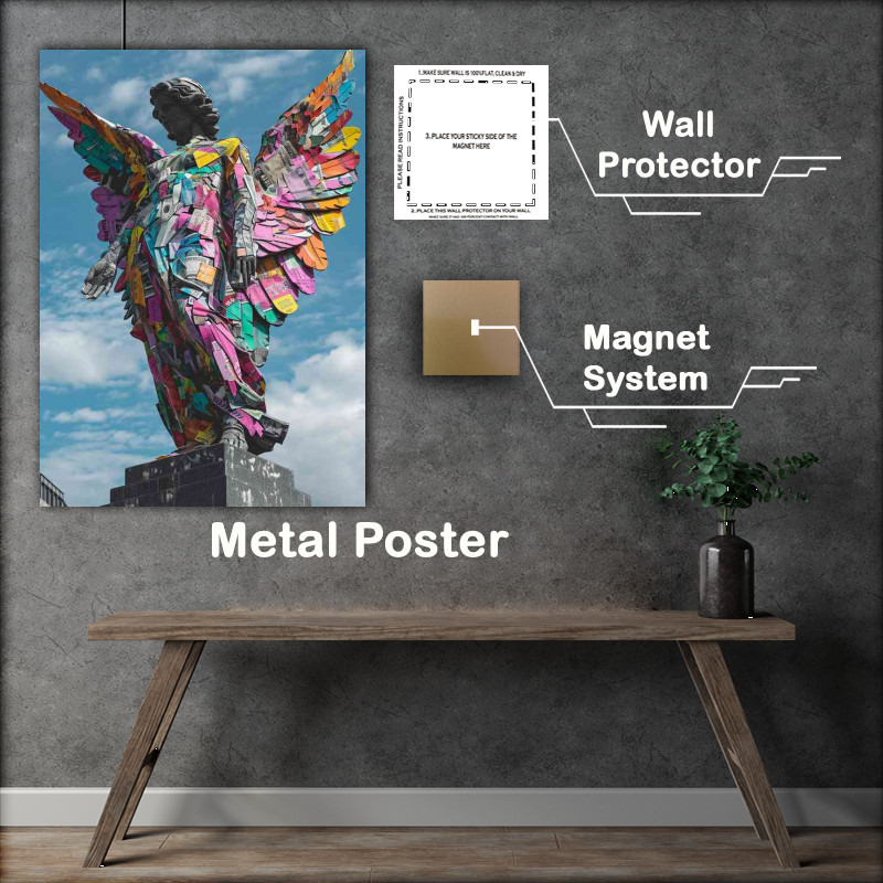 Buy Metal Poster : (A large black and white picture of a tattoo angel with cloudy sky)