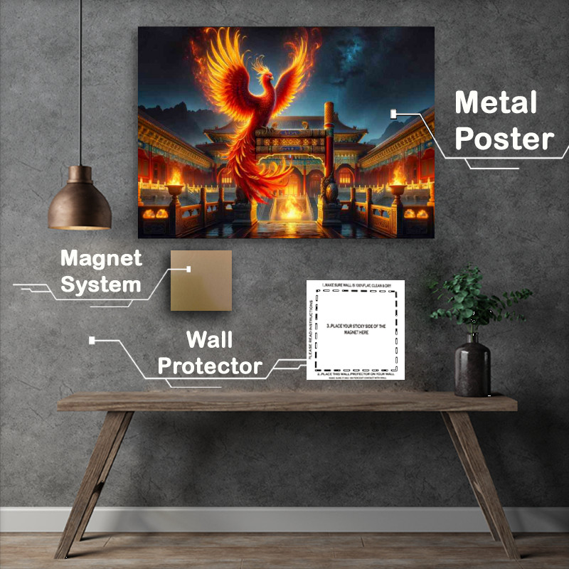 Buy Metal Poster : (Majestic Phoenix perched atop a golden archway in a palace courtyard)
