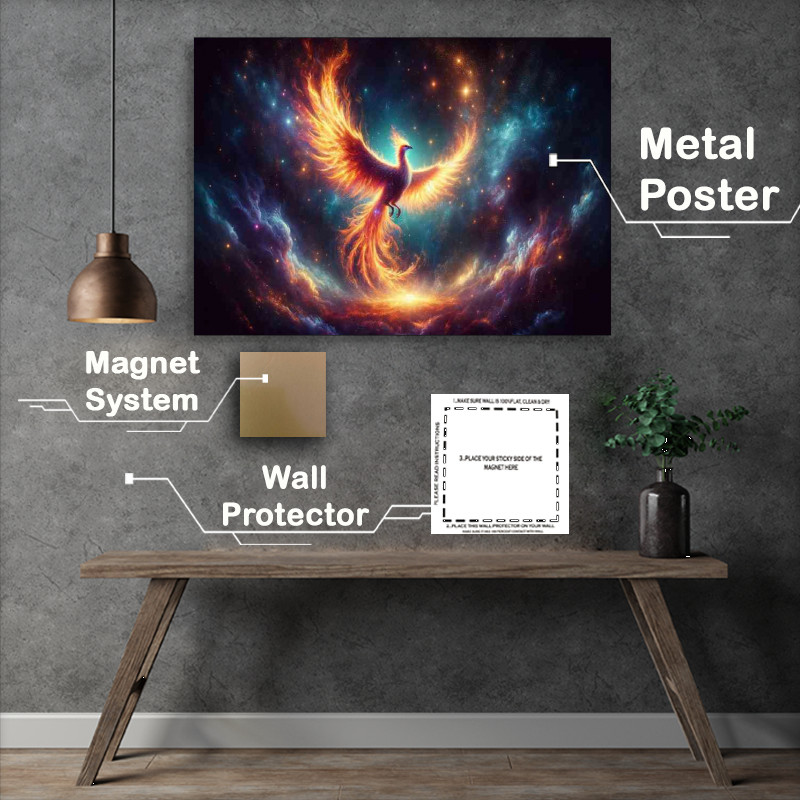 Buy Metal Poster : (Phoenix rising from stardust flames and cosmic light)