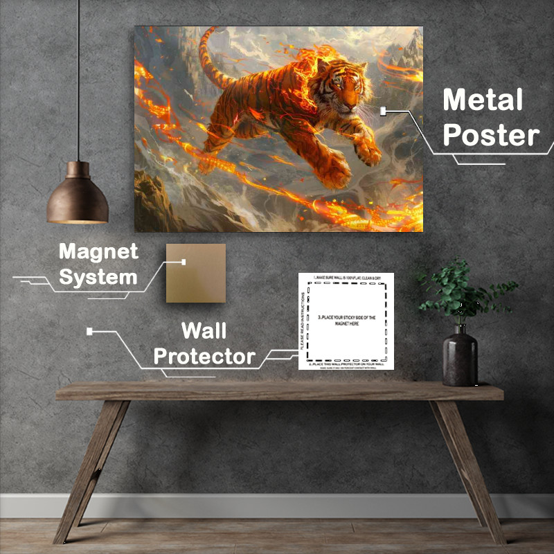 Buy Metal Poster : (Anthropomorphic red Tiger with fiery patterns leap)