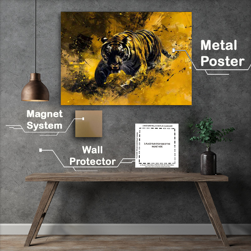 Buy Metal Poster : (The Tiger runs in a dark and yellow with Splash art)