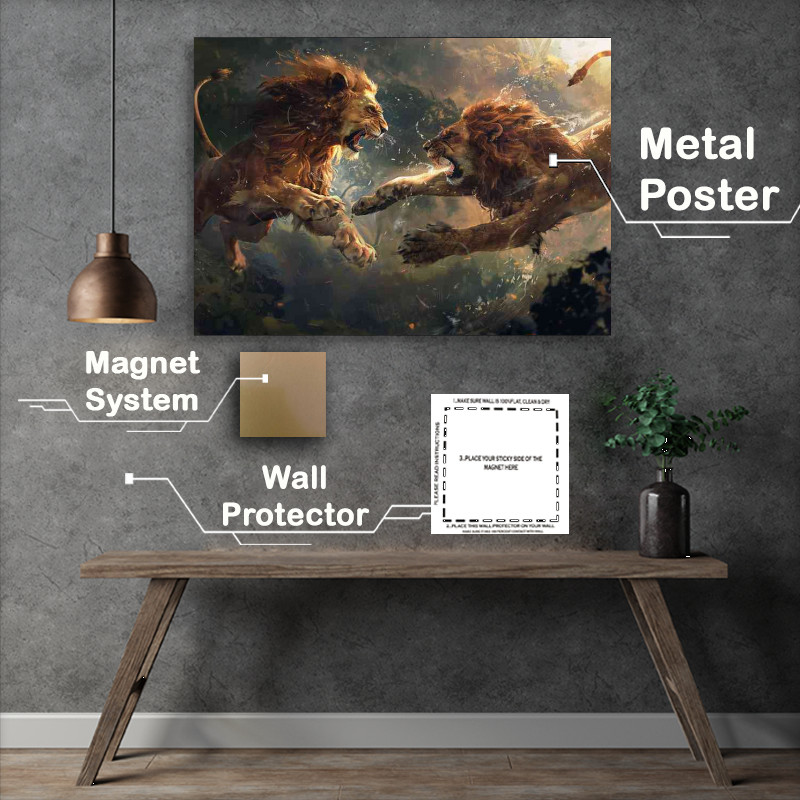 Buy Metal Poster : (Two lions that are fighting in the air)