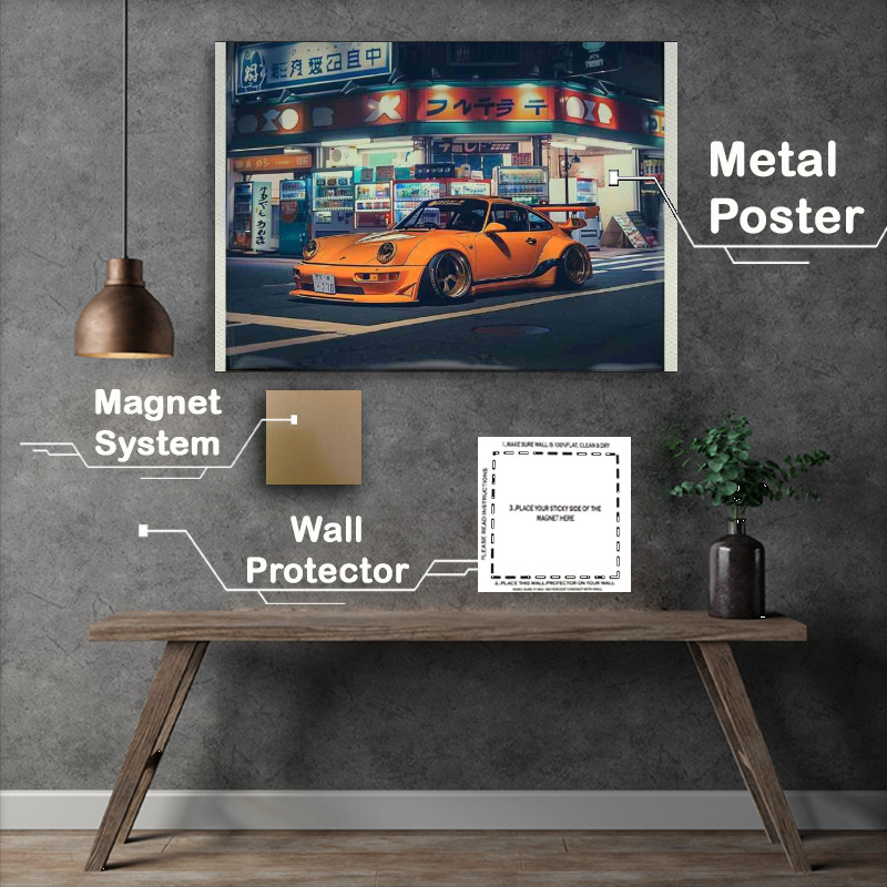 Buy Metal Poster : (Orange widebody Porsche on the street)