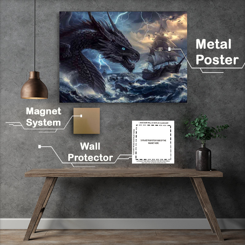 Buy : (Dragon with blue eyes and black scales in the sea)
