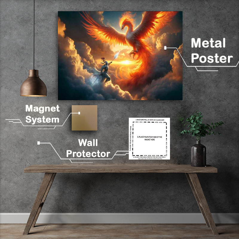 Buy Metal Poster : (Knight battling a massive phoenix in the sky clouds swirling)