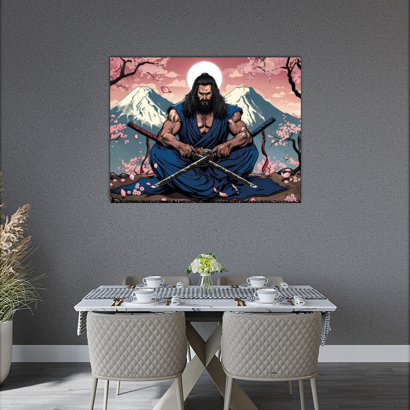 Muscular man with long black hair Samurai poster Huge Savings Ins