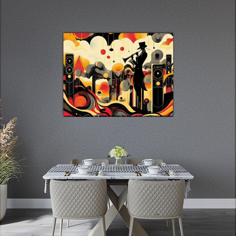 A dynamic and stylized illustration of an art deco music Mega Sal