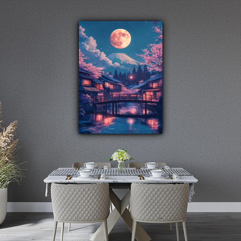 Japanese bridge cherry blossoms full moon over Mount fuji Grab Yo