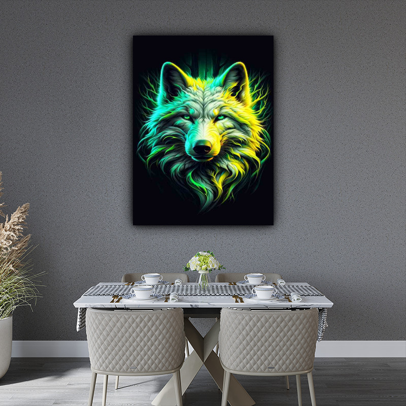 A close up of a wolfs head with neon tones Hot Sale Today!