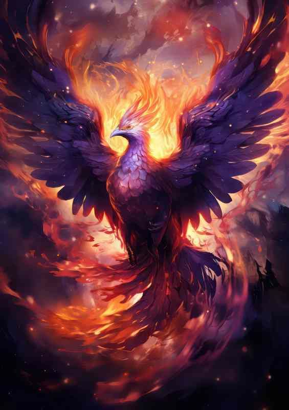 Art Poster Surreal golden mythical phoenix bird & ocean background